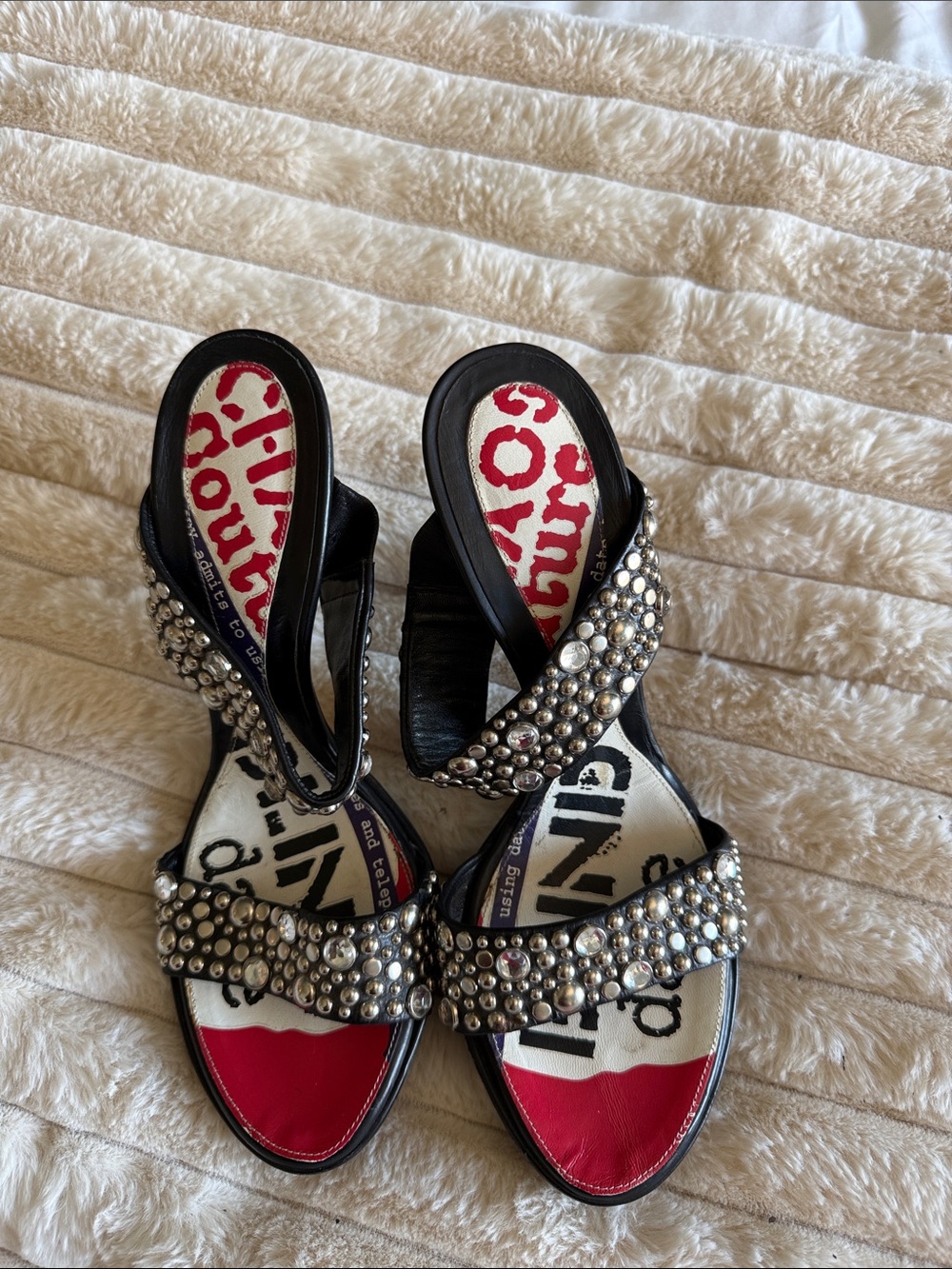 Vintage - 2000. Versace Black Studded Slingback Heels with Red & White Footbed